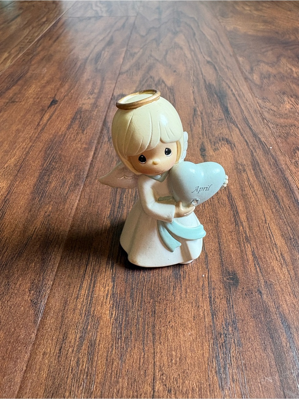 Precious Moments Cream and Light Blue Angel Figurine Holding 'April' Heart